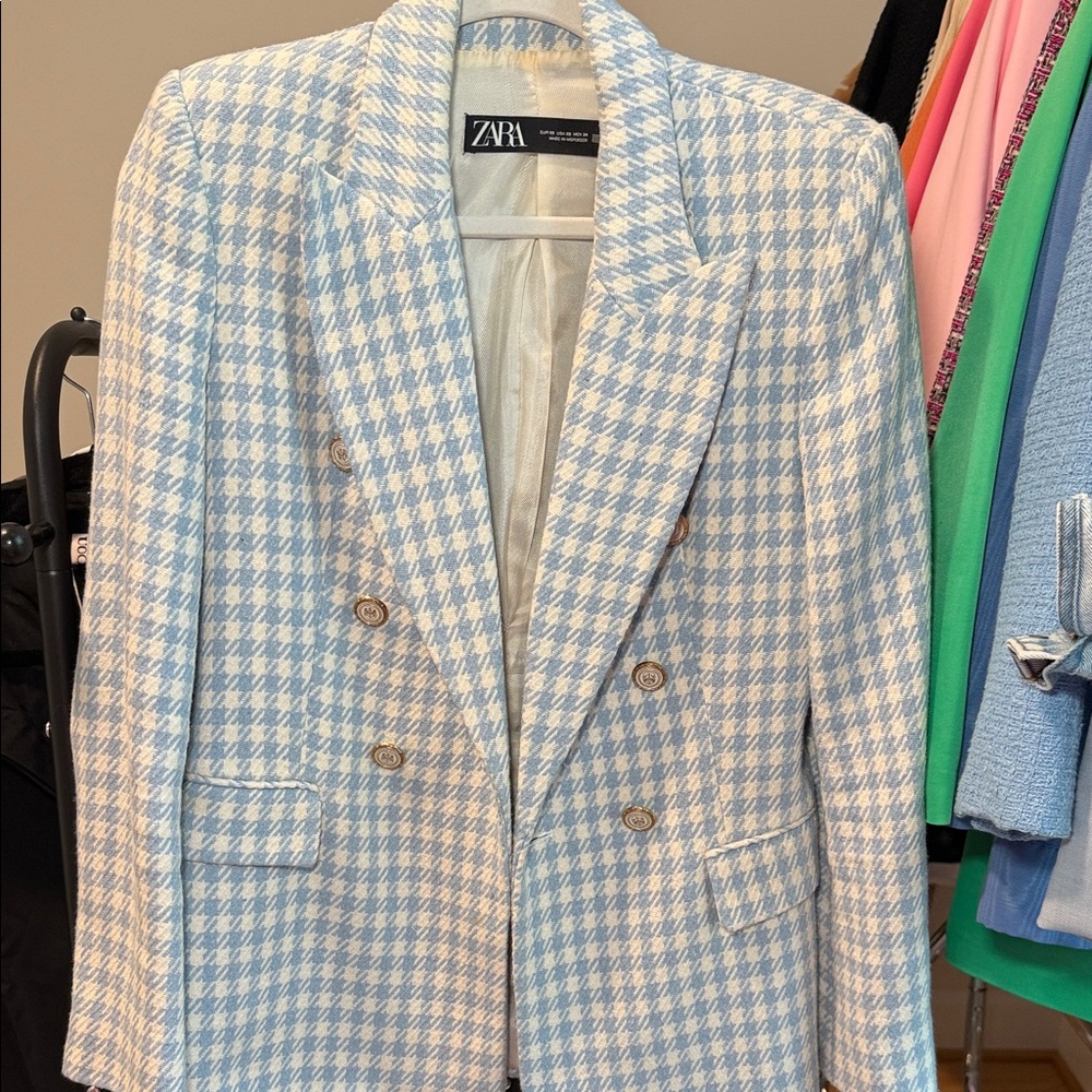Zara Light Blue and White Checkered Blazer